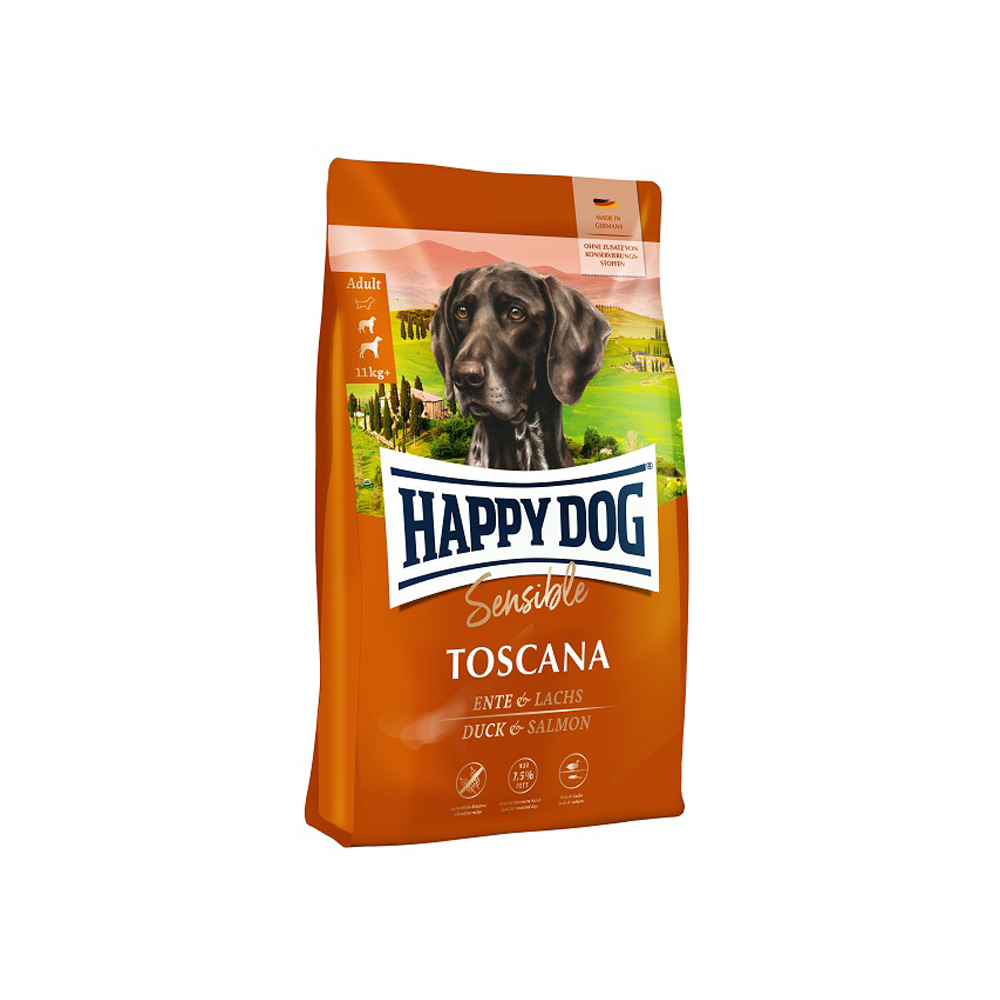 Happy Dog Toscana visavertis pašaras suaugusiems mažo fizinio aktyvumo šunims su antiena ir lašiša