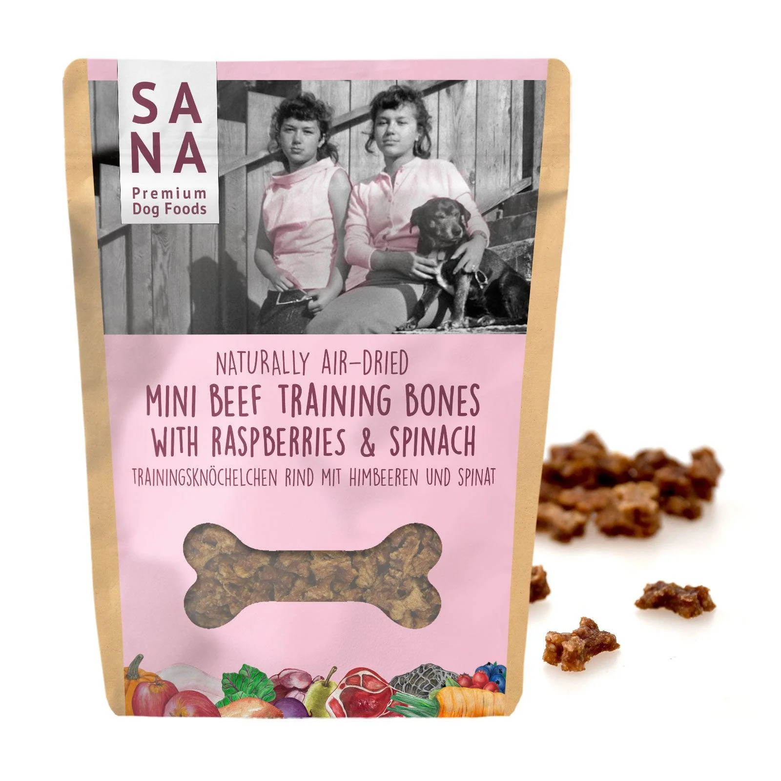 SANADOG Jautienos kauliukai dresūrai su avietėmis ir špinatais, 100g.